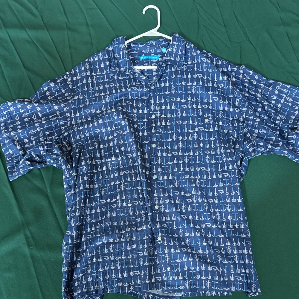 Tori Richard Aloha Shirt 3XB Navy Anchor Print Hawaiian Button Down Big & Tall